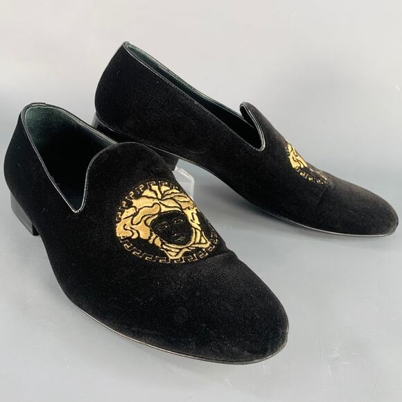 VERSACE Size 9 Black Gold Embroidery Velvet Medusa Head Slip On Loafers - Picture 1 of 9